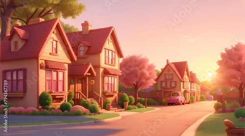 houses on the street Cozy Neighborhood 3D Animated Sunlit Scene in Pink and Gold  © Ai