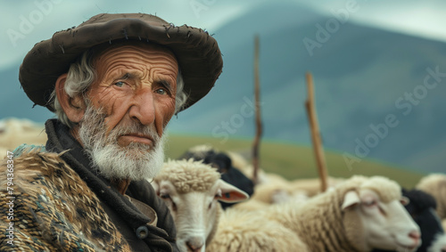 Portrait of a senior elder romanian shepard with sheep on the field 