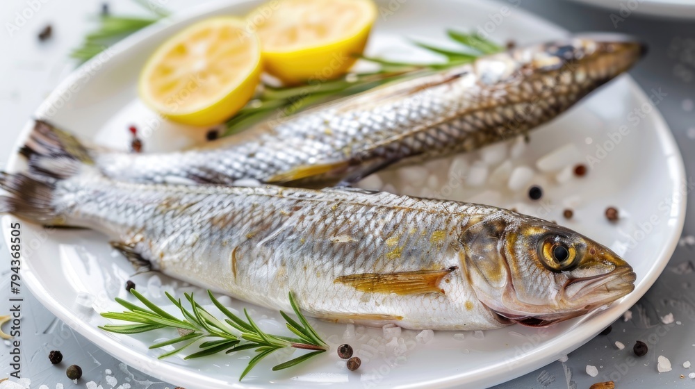 Fresh sea grey mullet fish served on a white plate