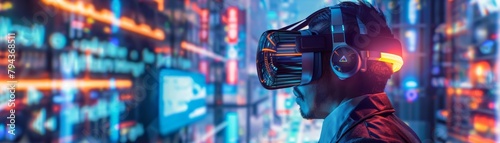Under the bright lights of a futuristic city, a businessman uses a neonenhanced VR headset to explore new investment realms photo