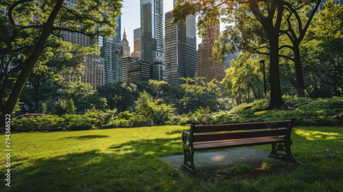 A park bench sits in a grassy field next to a city