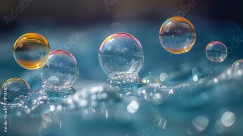   A collection of soap bubbles hovering above a water surface  with bubbles forming atop them