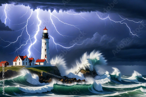 A lighthouse on the shore of the Atlantic Ocean in a storm with high waves. In the sky lightning. AI generative. photo