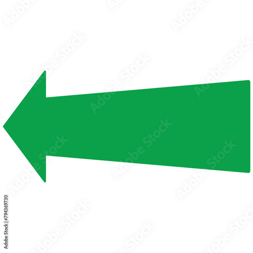 A green arrow pointing to the left. It has a solid, bold design with a triangular arrowhead on the left side and a straight line extending to the right