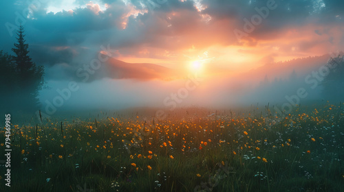  Foggy meadow at sunrise, with wildflowers and dramatic clouds, creating a magical and inspiring landscape. #794369985