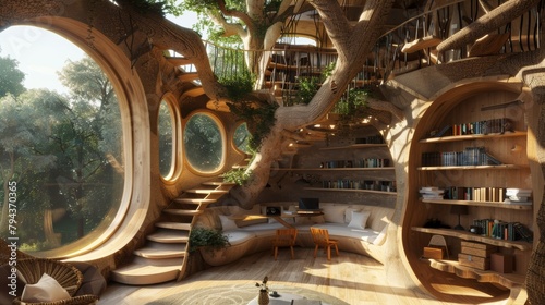 A whimsical 3D treehouse with twisting branches and cozy interiors AI generated illustration