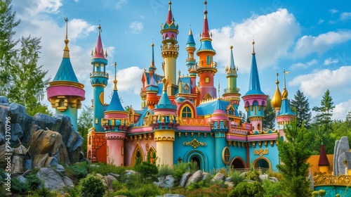 A whimsical fairytale castle with colorful turrets and intricate details   AI generated illustration photo