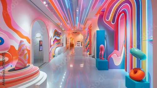 A whimsical interpretation of a futuristic art gallery with 3D sculptures and interactive installations   AI generated illustration