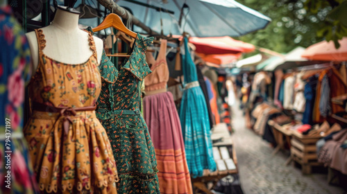 A row of dresses are displayed on a street market © Art AI Gallery