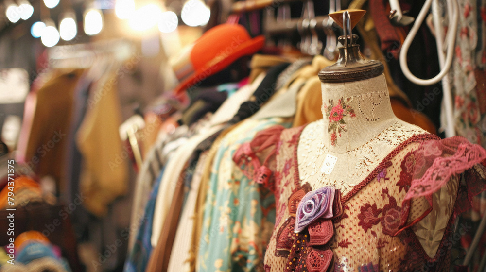 A rack of clothes with a pink dress on top