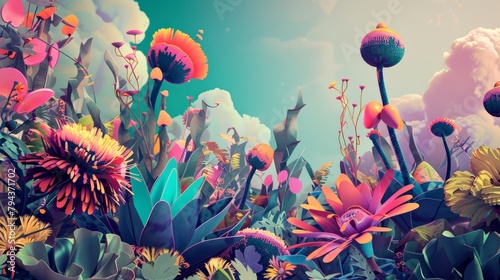 Abstract garden with surreal plants and flowers AI generated illustration