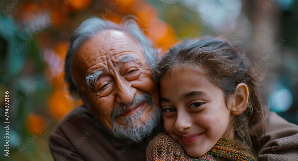 Portrait of an elderly man with granddaughter hugging him and looking at the camera. Scene of an elderly man with his granddaughter smiling in a moment of joy and tenderness.