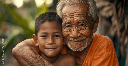 Portrait of an elderly man with grandson hugging him and looking at the camera. Scene of an elderly man with a grandson smiling in a moment of joy and tenderness.