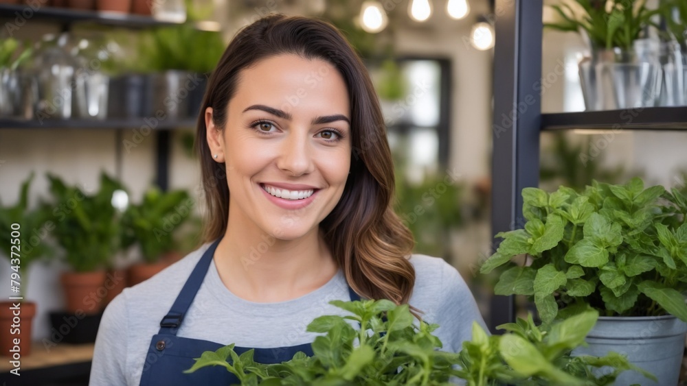 Beautiful florist girl in flower shop on plants background . Flower seller, space for text, plants for sale Beautiful florist girl in flower shop on plants background . Flower seller, space for text, plants for sale