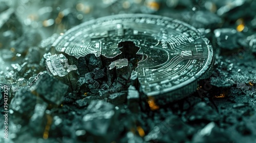 Broken Bitcoin Symbol Amid Shattered Fragments and Disintegrating Pixels in Dystopian Surreal Digital Finance Landscape