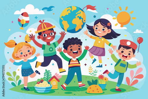 Happy children s day for international children celebration. Children playing in the park. Vector illustration