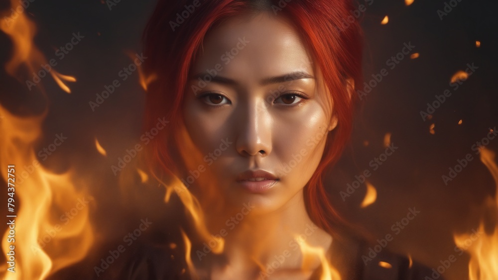 Close-up asian girl on fire background Close-up asian girl on fire background