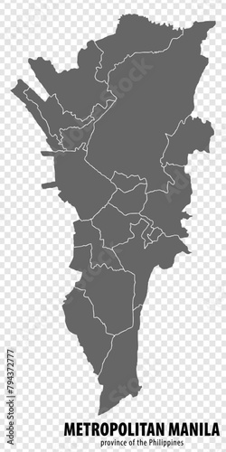 Blank map Metro Manila of Philippines. High quality map National Capital Region with districts on transparent background for your web site design, logo, app, UI.  Republic of the Philippines.  EPS10. © katarinanh