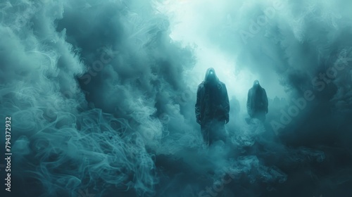 A group of people walking through a dense fog their faces obscured as they seem to disappear into the dreamlike atmosphere. photo