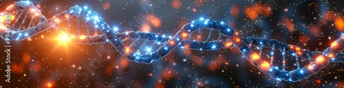 A glowing blue double helix representing DNA against a starry orange background.