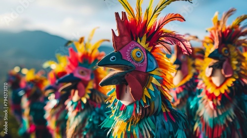 A group of people wearing chicken masks made of feathers and other materials © weerasak