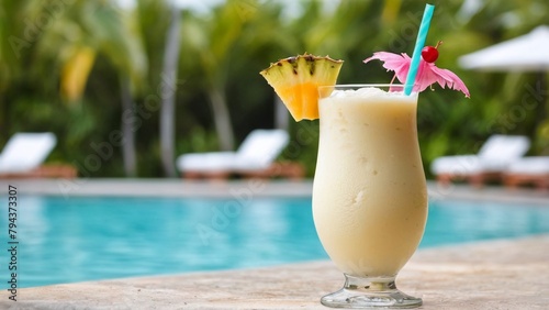 Beach cocktail on the background of the outdoor pool in summer on vacation