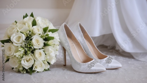 Wedding composition of bride's shoes and bouquet