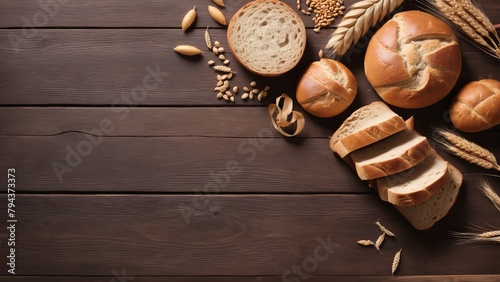 Bread, loaf and buns with grains lie beautifully on a wooden table. Top view. Space for text