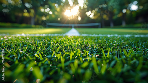 Sunrise tennis court dewy grass