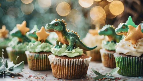 muffins, cup, cakes, Dinos, drachen, close up, neu, essen, bokeh, happy, birthday, viele, copy space, hintergrund, grün, braun, 