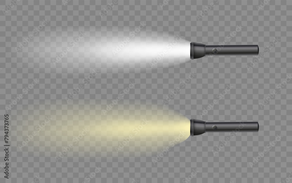Flashlight on a transparent background. Shine lighting torch. Vector