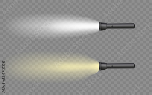 Flashlight on a transparent background. Shine lighting torch. Vector