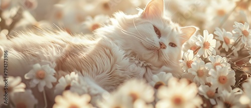 close up of a white cat between the flowers 