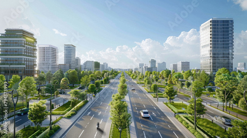 A city street with a green median and trees lining the road