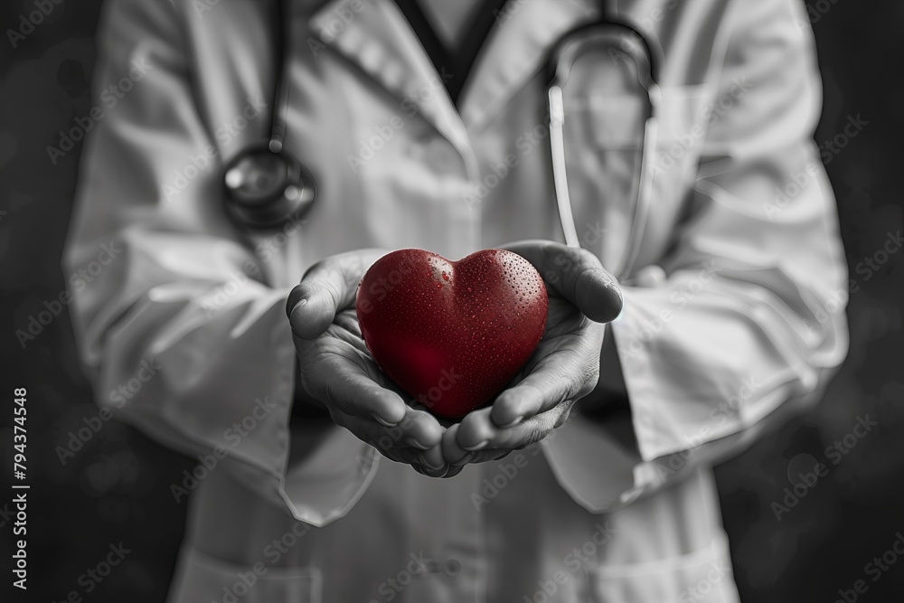 Doctor holding a red heart in hand, symbolizing care and compassion