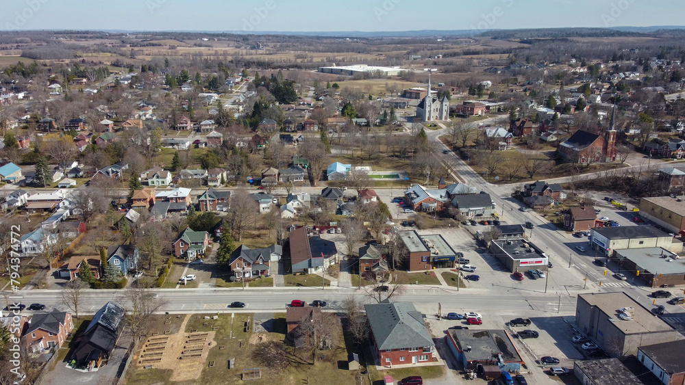 Aerial view of a commercial section of a rural town