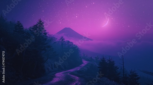 Purple-tinted sky above, trail winding up mountain, full moon in distance