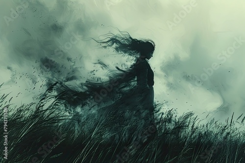 Haunting Apparition of Wailing Banshee Foretelling Death in Atmospheric Fog-Shrouded Landscape