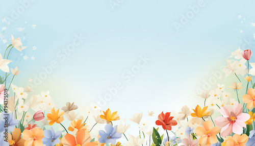 Delicate spring flowers in pastel hues bordering a gentle blue background, perfect for a fresh. Generative AI 