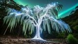 In the middle of the jungle stands a huge weeping willow with white overhanging branches that glow surrealistically.