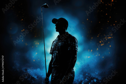 silhouette of a man in a baseball cap holding a golf club on a dark blue background