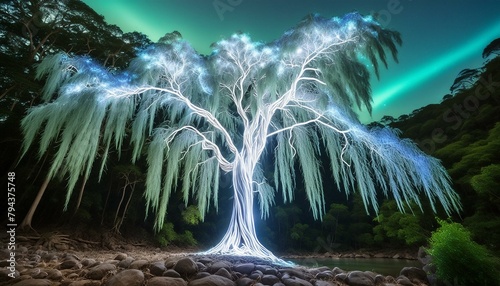 In the middle of the jungle stands a huge weeping willow with white overhanging branches that glow surrealistically. photo
