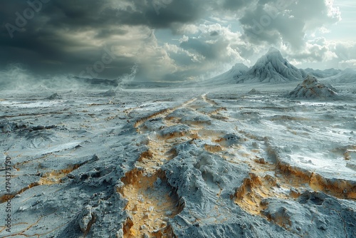 Inhospitable Landscapes Thriving with Resilient Extremophile Microbes Illustrated in Moody Earthy Tones photo