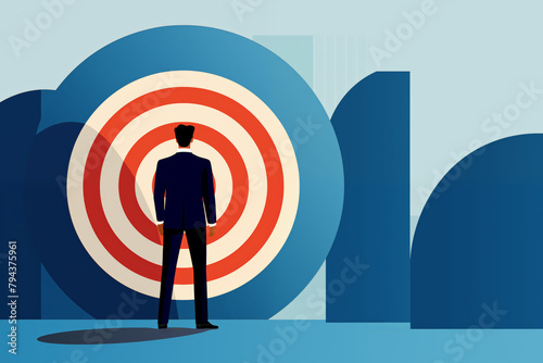 Business graphic vector modern style illustration of a business person with a target board representing hitting common goals, aims, achievements, for pay rise promotion or company growth meeting photo