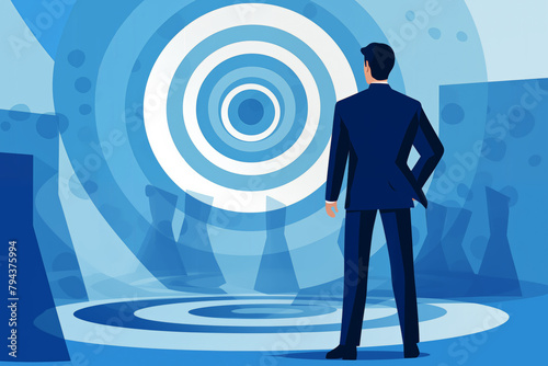 Business graphic vector modern style illustration of a business person with a target board representing hitting common goals, aims, achievements, for pay rise promotion or company growth meeting