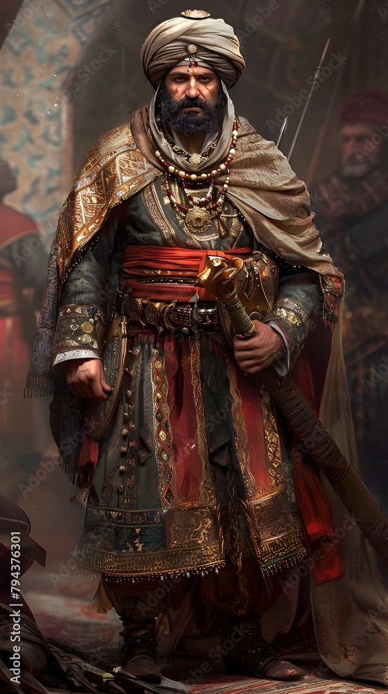Majestic Warrior in Ornate Middle Eastern Attire Stands Tall and Proud