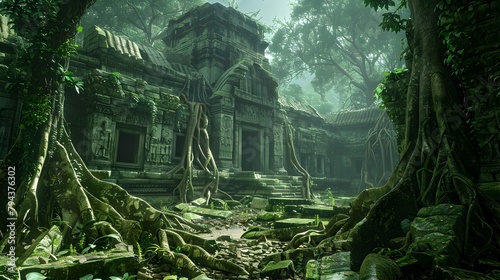 Mystical Ruins Engulfed in Lush Jungle Overgrowth Forgotten Ancient Temple in Dense Tropical Forest Landscape
