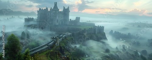 A Historic Castle Shrouded in Ethereal Morning Fog Blending Mystery and Timeless Beauty