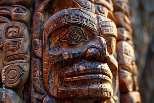 Close up of Intricately Carved Wooden Totem Pole with Expressive Indigenous Tribal Facial Features and Intricate Patterns © Thanaphon