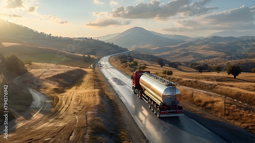 Tanker Truck Winding Through Picturesque Rural Landscape Transporting Essential Supplies